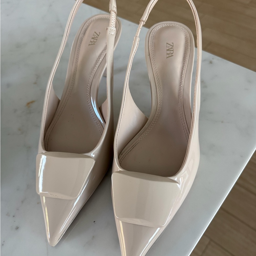 Zara Beige Patent Slingback Heels